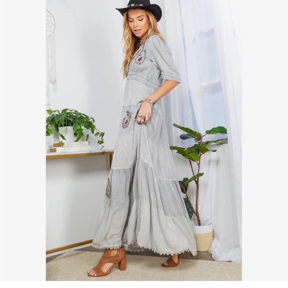Young Threads Embroidered V-Neck Maxi Dress in Light Gray - Picture 4 of 5